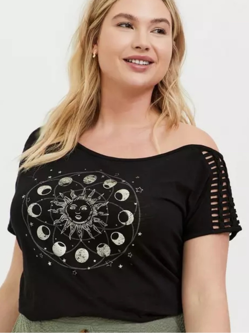torrid Black Celestial Sun & Moon Crochet-off Shoulder Tee